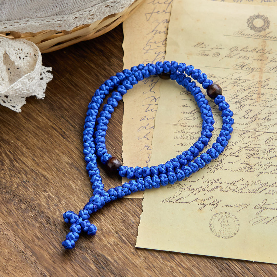 Collana con 100 nodi di benedizione della croce blu e nera Christianartworkshop : simbolo prezioso della benedizione sacra - image 1