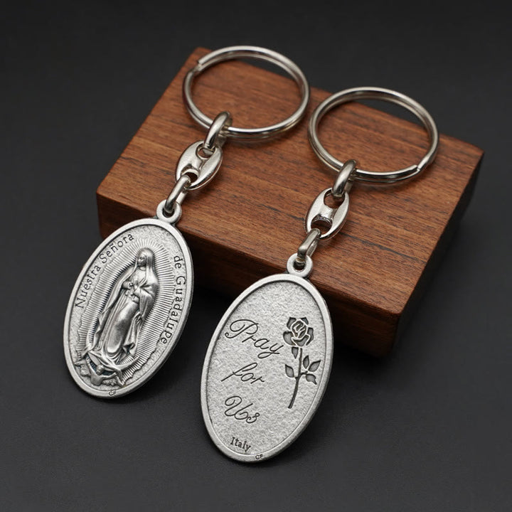 Christianartworkshop Squisito Rilievo - Medaglia scolpita della Madonna di Guadalupe con portachiavi rosa castigliana - Nostra Signora di Guadalupe - image 0