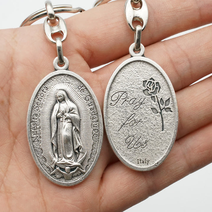 Christianartworkshop Rilievo squisito - Medaglia scolpita della Madonna di Guadalupe con portachiavi rosa castigliana - image 1