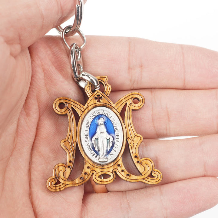 Christianartworkshop Medaglia miracolosa in legno d'ulivo lavorato a mano di alta qualità e portachiavi smaltato della Vergine Maria: ricordo della devozione di Maria - image 2