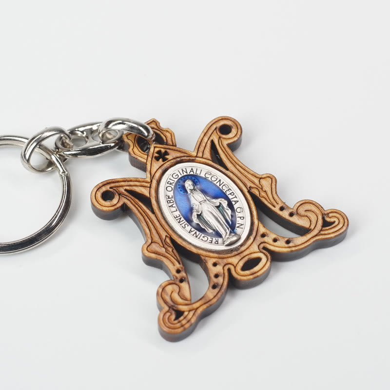 Christianartworkshop Medaglia miracolosa in legno d'ulivo lavorato a mano di alta qualità e portachiavi smaltato della Vergine Maria: ricordo della devozione di Maria - image 1