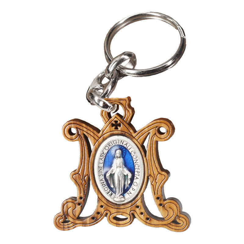 Christianartworkshop Medaglia miracolosa in legno d'ulivo lavorato a mano di alta qualità e portachiavi smaltato della Vergine Maria: ricordo della devozione di Maria - image 4