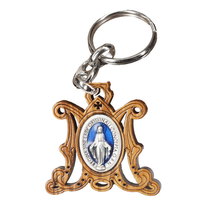 Christianartworkshop Medaglia miracolosa in legno d'ulivo lavorato a mano di alta qualità e portachiavi smaltato della Vergine Maria: ricordo della devozione di Maria - image 4