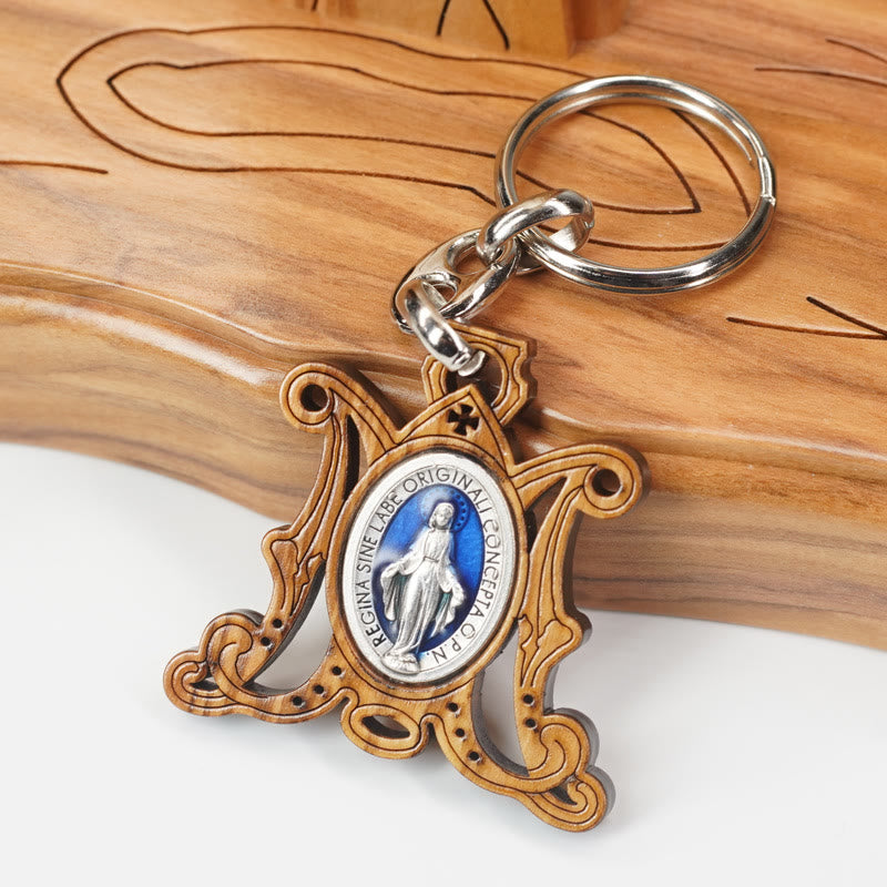 Christianartworkshop Medaglia miracolosa in legno d'ulivo lavorato a mano di alta qualità e portachiavi smaltato della Vergine Maria: ricordo della devozione di Maria - Medaglia Miracolosa - image 0