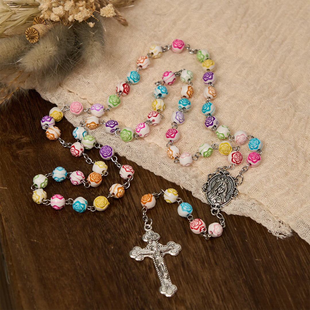 Christianartworkshop Perline di rosa multicolori con medaglia della Vergine Maria e rosario con crocifisso: tavolozza sacra dell'amore - Multicolore - image 0