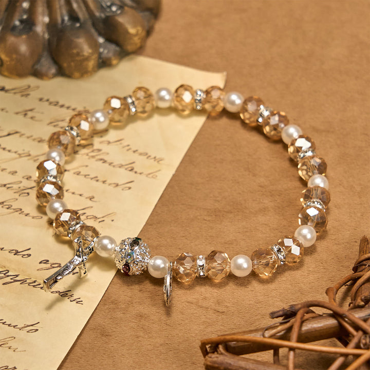 Christianartworkshop Bracciale elastico moderno in cristallo trasparente con crocifisso e medaglia miracolosa: dichiarazione di fede contemporanea - Champagne - image 6