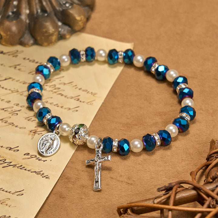 Christianartworkshop Bracciale elastico moderno in cristallo trasparente con crocifisso e medaglia miracolosa: dichiarazione di fede contemporanea - Blu reale - image 11