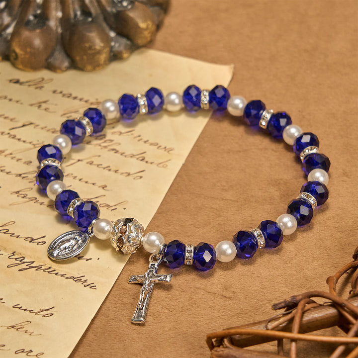 Christianartworkshop Bracciale elastico moderno in cristallo trasparente con crocifisso e medaglia miracolosa: dichiarazione di fede contemporanea - Blu - image 21