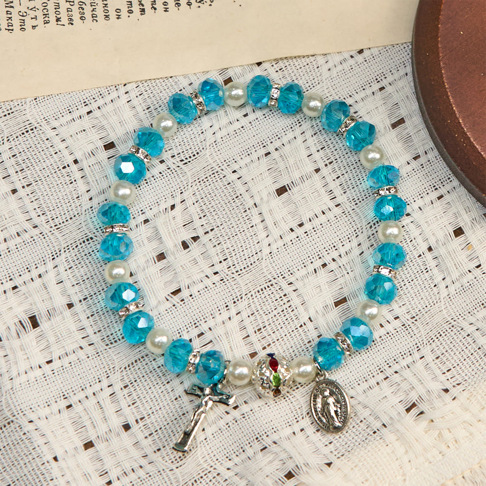 Christianartworkshop Bracciale elastico moderno in cristallo trasparente con crocifisso e medaglia miracolosa: dichiarazione di fede contemporanea - image 1