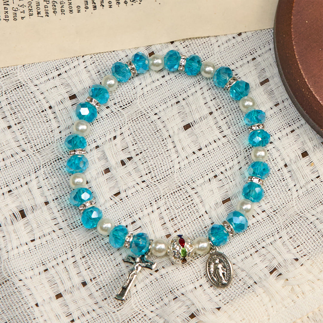 Christianartworkshop Bracciale elastico moderno in cristallo trasparente con crocifisso e medaglia miracolosa: dichiarazione di fede contemporanea - image 1