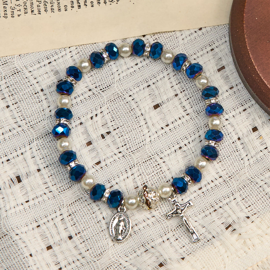 Christianartworkshop Bracciale elastico moderno in cristallo trasparente con crocifisso e medaglia miracolosa: dichiarazione di fede contemporanea - image 12