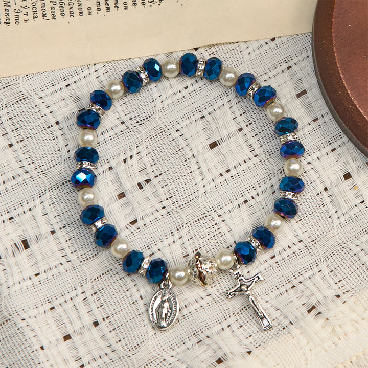 Christianartworkshop Bracciale elastico moderno in cristallo trasparente con crocifisso e medaglia miracolosa: dichiarazione di fede contemporanea - image 12