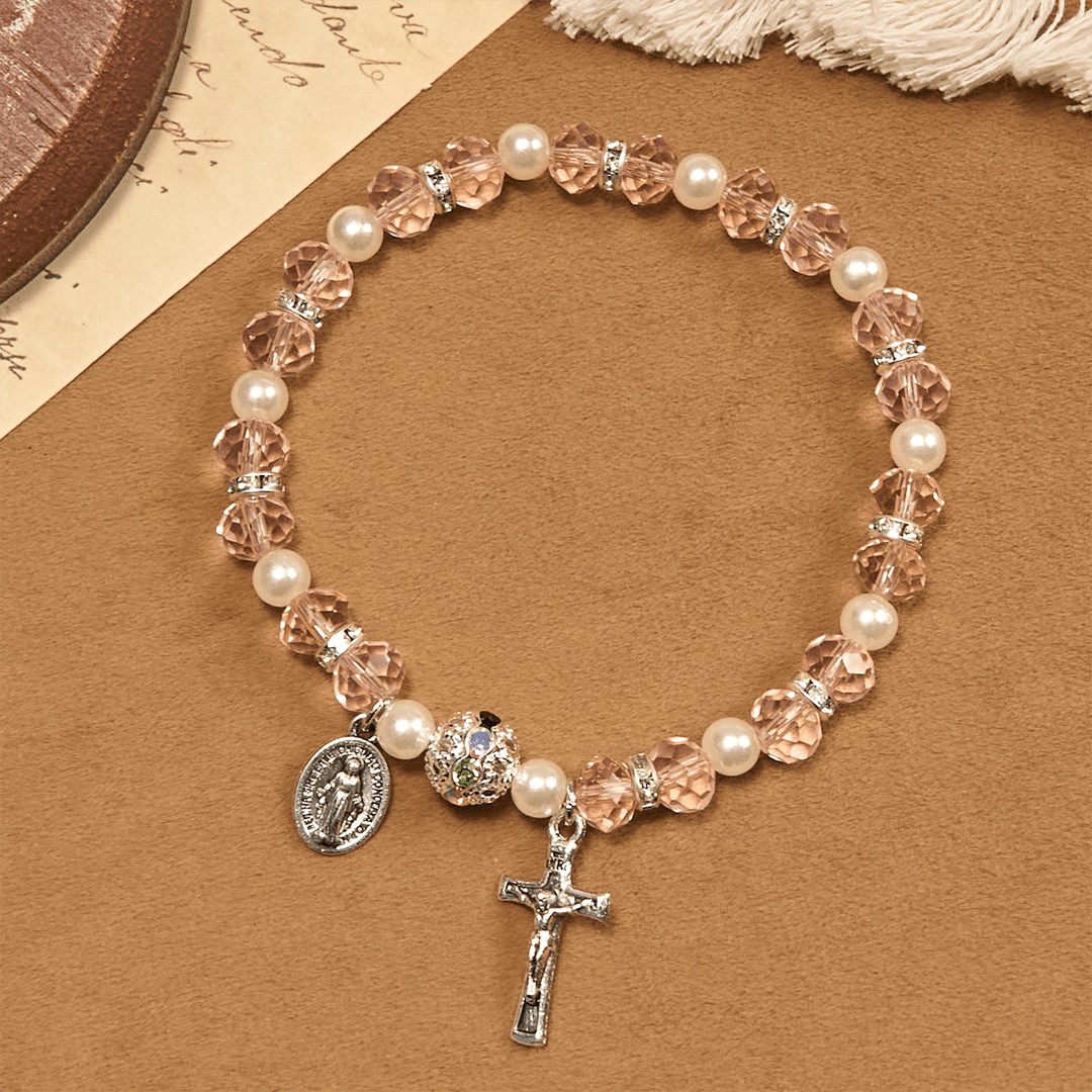 Christianartworkshop Bracciale elastico moderno in cristallo trasparente con crocifisso e medaglia miracolosa: dichiarazione di fede contemporanea - image 19