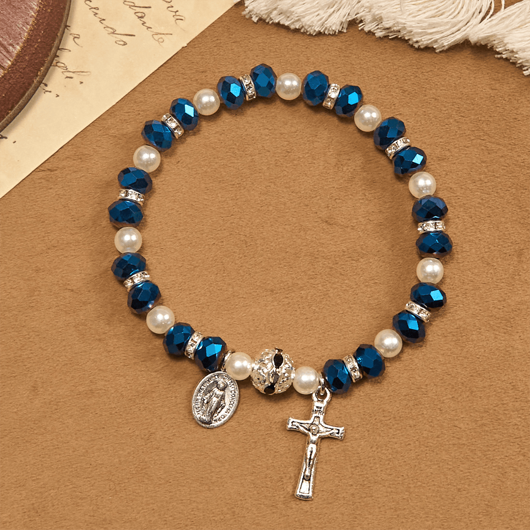 Christianartworkshop Bracciale elastico moderno in cristallo trasparente con crocifisso e medaglia miracolosa: dichiarazione di fede contemporanea - image 14
