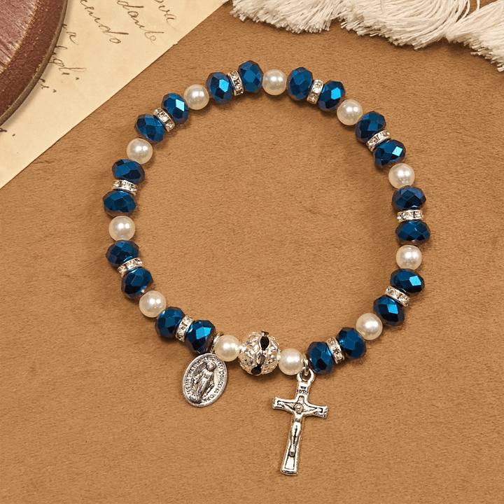 Christianartworkshop Bracciale elastico moderno in cristallo trasparente con crocifisso e medaglia miracolosa: dichiarazione di fede contemporanea - image 14