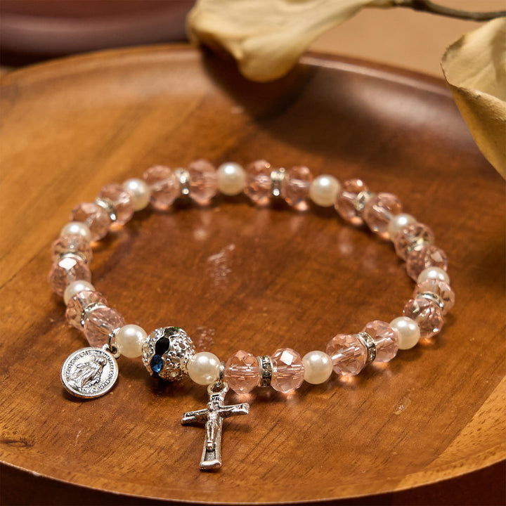 Christianartworkshop Bracciale elastico moderno in cristallo trasparente con crocifisso e medaglia miracolosa: dichiarazione di fede contemporanea - image 18