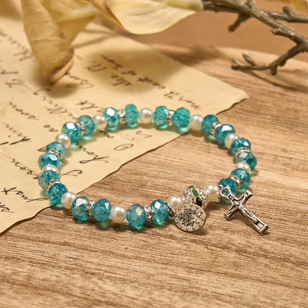 Christianartworkshop Bracciale elastico moderno in cristallo trasparente con crocifisso e medaglia miracolosa: dichiarazione di fede contemporanea - image 2