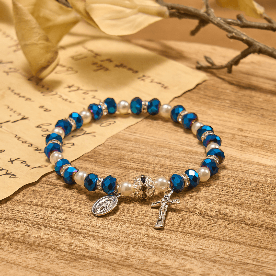 Christianartworkshop Bracciale elastico moderno in cristallo trasparente con crocifisso e medaglia miracolosa: dichiarazione di fede contemporanea - image 13