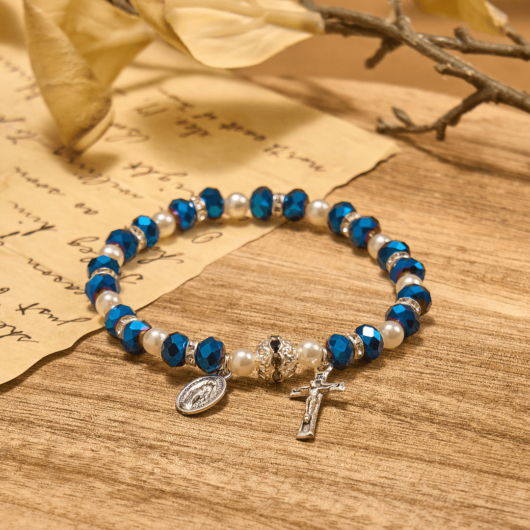 Christianartworkshop Bracciale elastico moderno in cristallo trasparente con crocifisso e medaglia miracolosa: dichiarazione di fede contemporanea - image 13