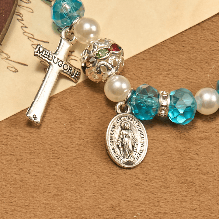 Christianartworkshop Bracciale elastico moderno in cristallo trasparente con crocifisso e medaglia miracolosa: dichiarazione di fede contemporanea - image 4