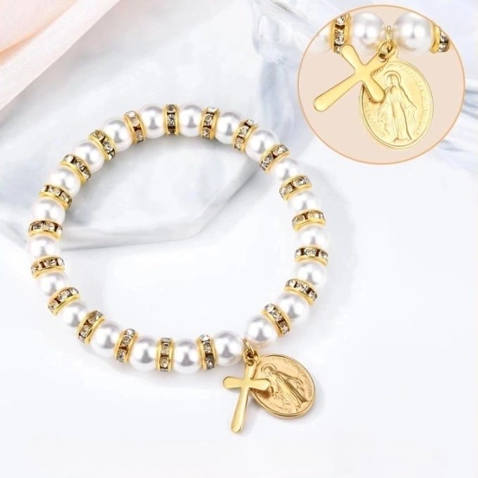 Christianartworkshop Braccialetto di perle moderno con medaglia miracolosa dorata e biglietto di benedizione: Comunione opulenta - image 3