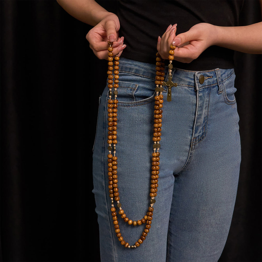 Rosario in legno d'ulivo da 15/20 decadi Christianartworkshop con San Benedetto, crocifisso e catena da vita: devozione divina a doppio uso - image 6