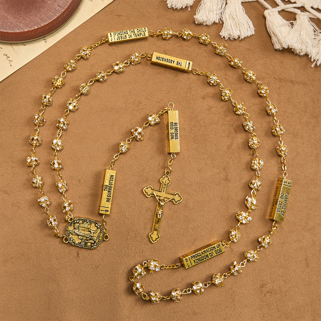 Christianartworkshop Rosario con catena in lega di gemme di metallo dorato rotonde da 8 mm con la Madonna di Fatima e Crocifisso - image 5