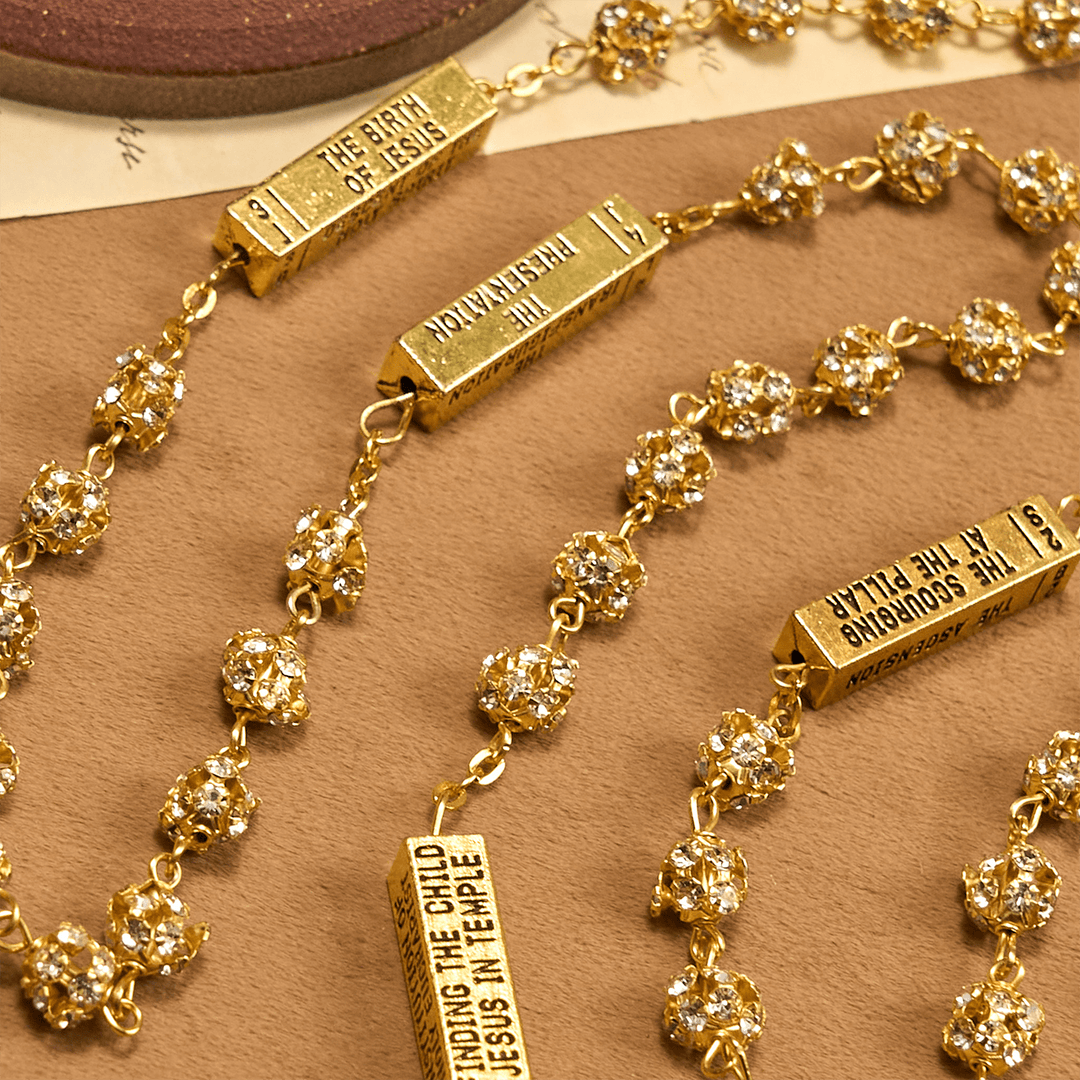 Christianartworkshop Rosario con catena in lega di gemme di metallo dorato rotonde da 8 mm con la Madonna di Fatima e Crocifisso - image 3