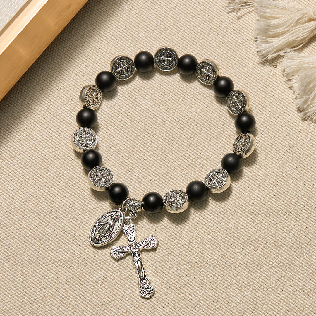 Bracciale in agata nera naturale con medaglia di San Benedetto e ciondolo della Vergine Maria Christianartworkshop : opera d'arte di fede divina. - Agata nera - image 0