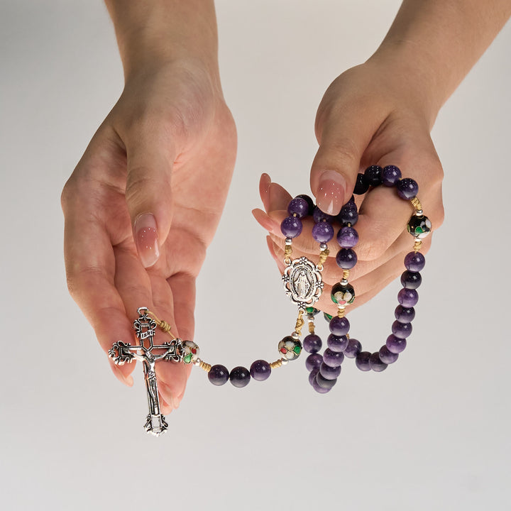 Christianartworkshop Rosario in agata viola e perle cloisonné con medaglia della Vergine Maria e crocifisso: senti la devozione della grazia - image 8