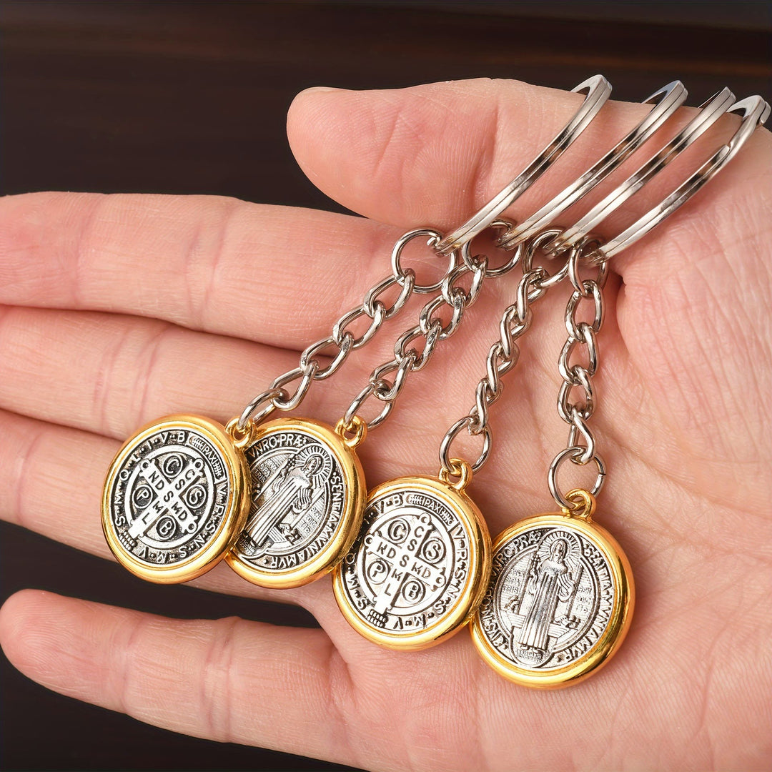 Portachiavi classico di San Benedetto con bordi dorati e motivi intricati Christianartworkshop : simbolo senza tempo di devozione spirituale - image 1