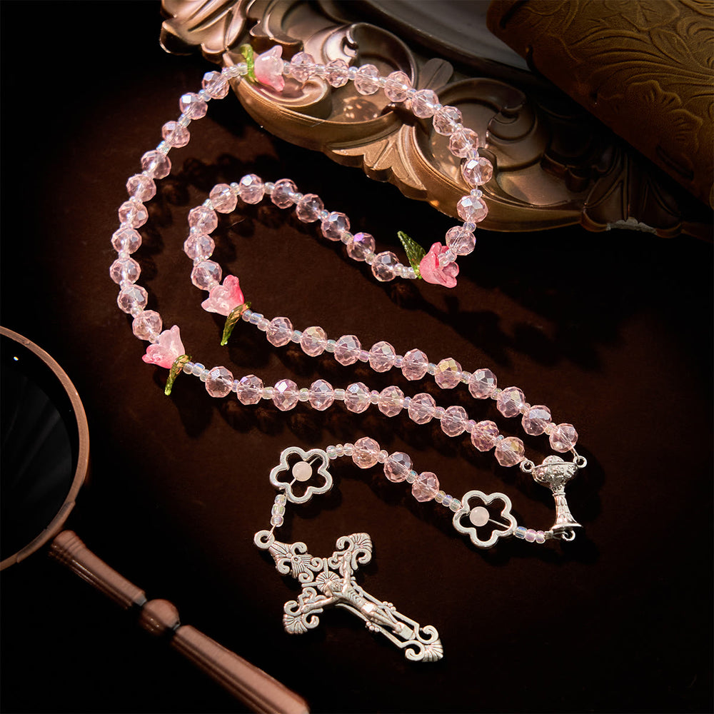 Christianartworkshop Elegante rosario in cristallo rosa con perline a forma di rosa 3D, medaglia a forma di calice in argento e crocifisso: abbraccia la grazia divina - image 1