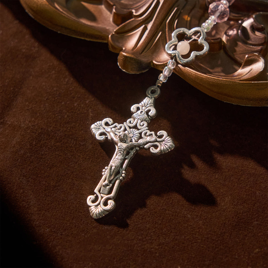 Christianartworkshop Elegante rosario in cristallo rosa con perline a forma di rosa 3D, medaglia a forma di calice in argento e crocifisso: abbraccia la grazia divina - image 6