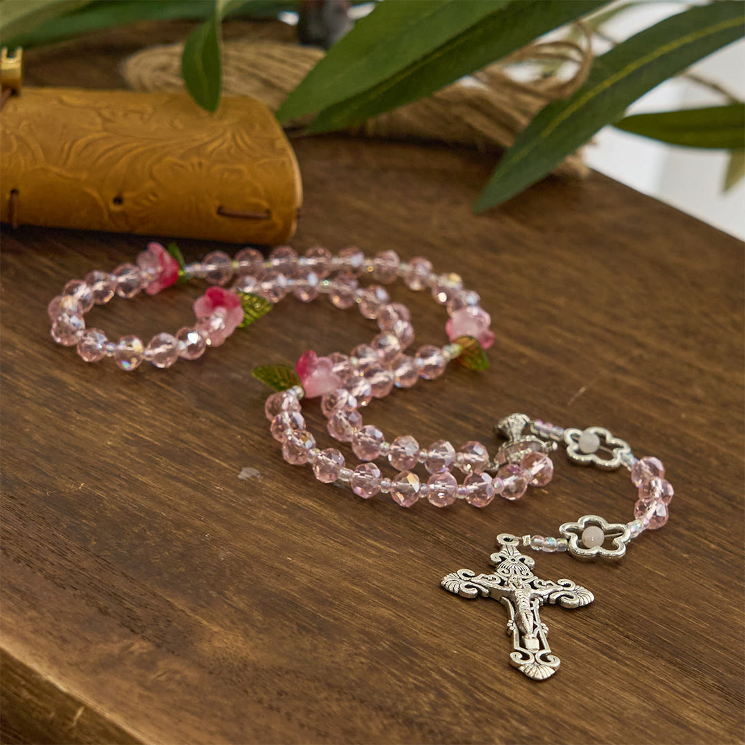 Christianartworkshop Gesù è il dono: elegante rosario in cristallo rosa fatto a mano con perline di rosa 3D e carta regalo - image 7