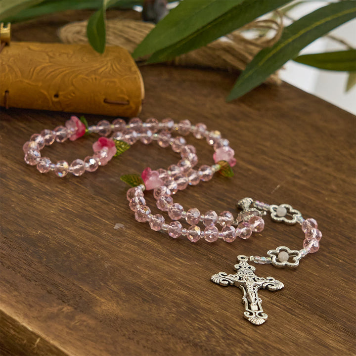 Christianartworkshop Gesù è il dono: elegante rosario in cristallo rosa fatto a mano con perline di rosa 3D e carta regalo - image 7