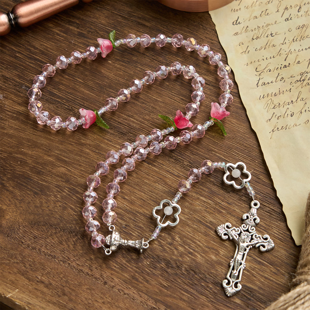 Christianartworkshop Gesù è il dono: elegante rosario in cristallo rosa fatto a mano con perline di rosa 3D e carta regalo - image 4