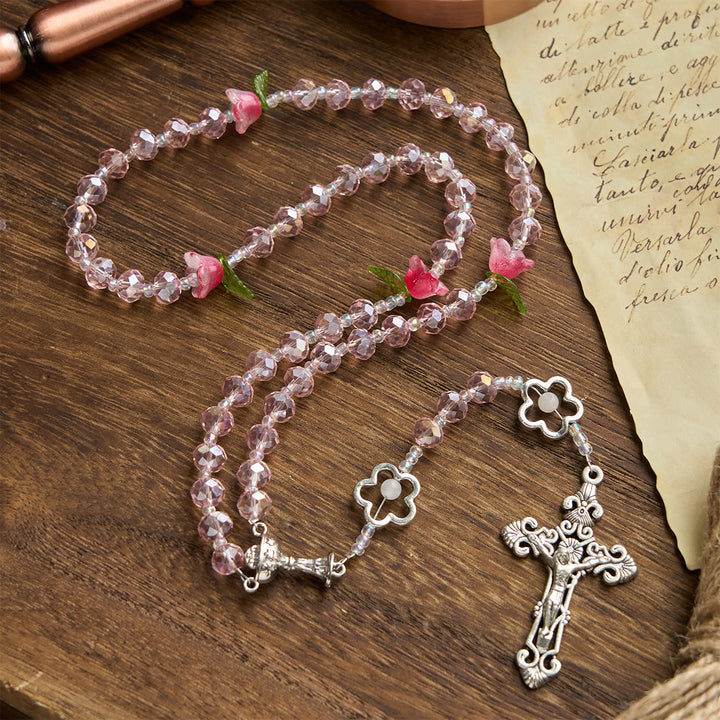 Christianartworkshop Gesù è il dono: elegante rosario in cristallo rosa fatto a mano con perline di rosa 3D e carta regalo - image 4