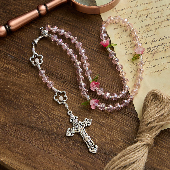Christianartworkshop Gesù è il dono: elegante rosario in cristallo rosa fatto a mano con perline di rosa 3D e carta regalo - image 6