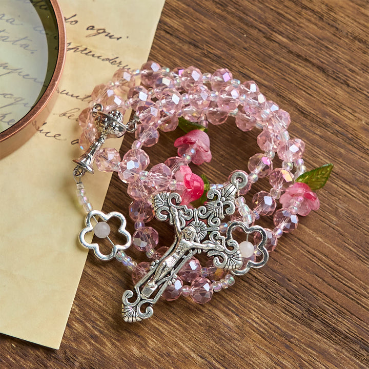 Christianartworkshop Gesù è il dono: elegante rosario in cristallo rosa fatto a mano con perline di rosa 3D e carta regalo - image 9