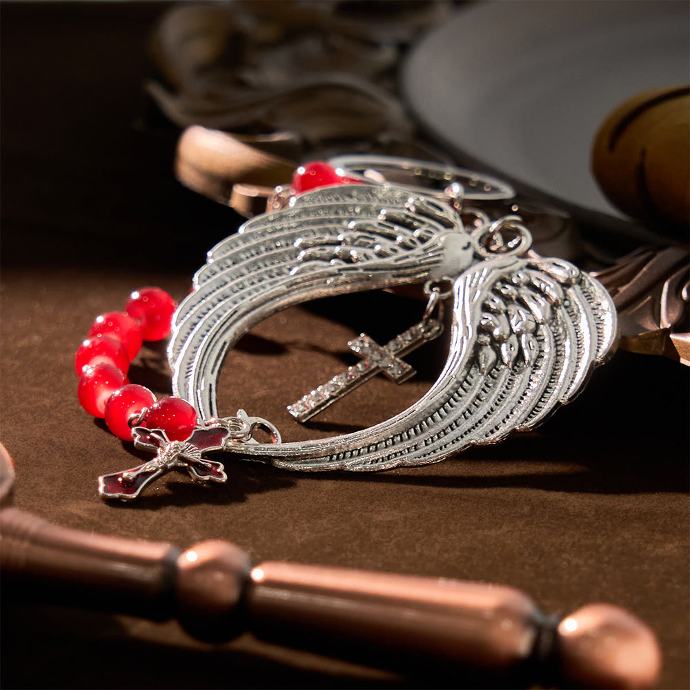 Christianartworkshop Portachiavi in ​​agata rossa a doppio uso e rosario tascabile decorato con ali d'angelo in argento: porta con te la protezione divina - image 1