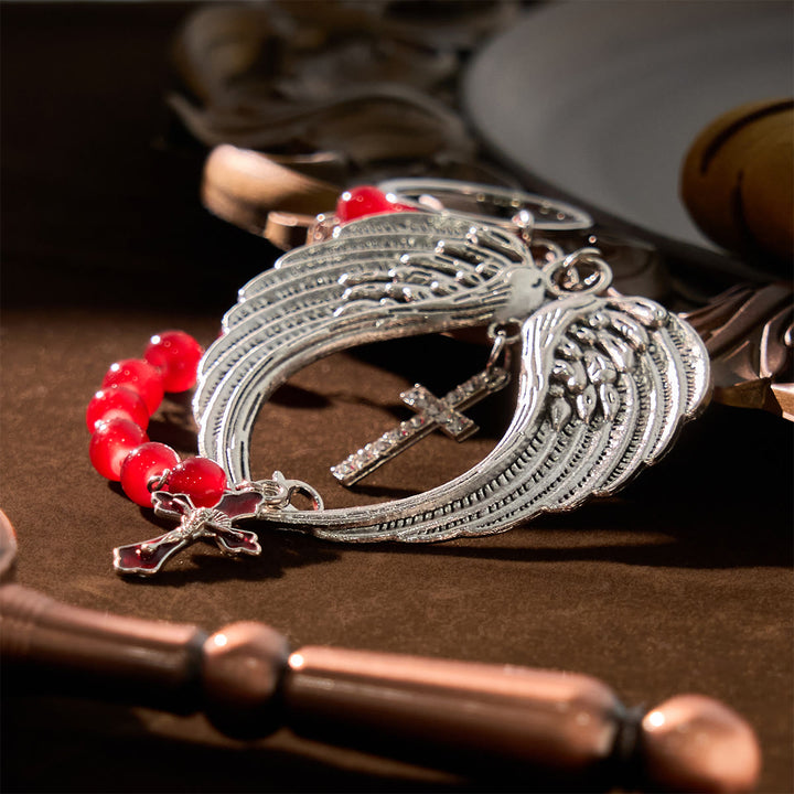 Christianartworkshop Portachiavi in ​​agata rossa a doppio uso e rosario tascabile decorato con ali d'angelo in argento: porta con te la protezione divina - image 1