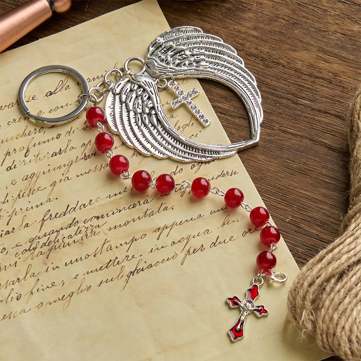 Christianartworkshop Portachiavi in ​​agata rossa a doppio uso e rosario tascabile decorato con ali d'angelo in argento: porta con te la protezione divina - image 2