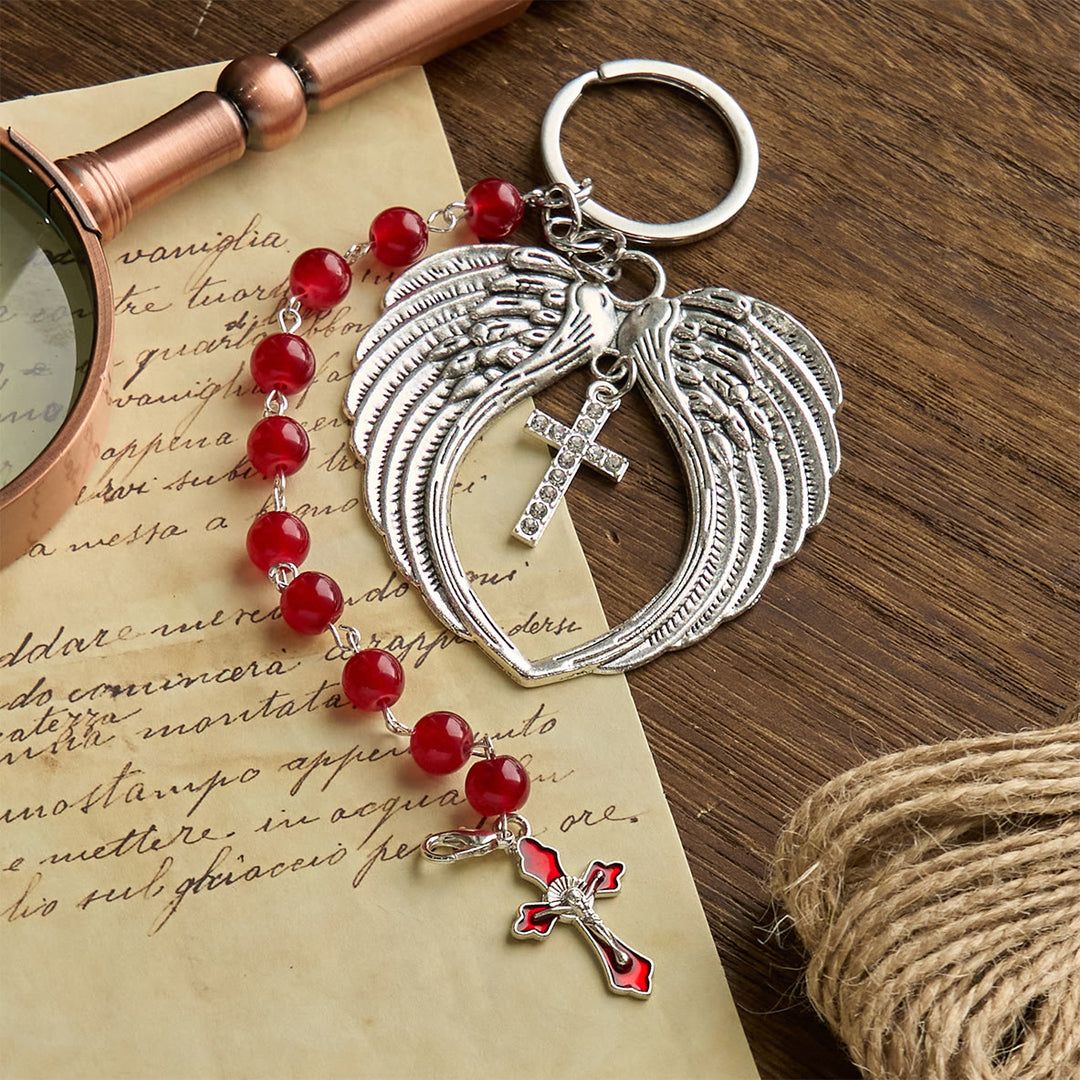 Christianartworkshop Portachiavi in ​​agata rossa a doppio uso e rosario tascabile decorato con ali d'angelo in argento: porta con te la protezione divina - Ala angolare - image 0