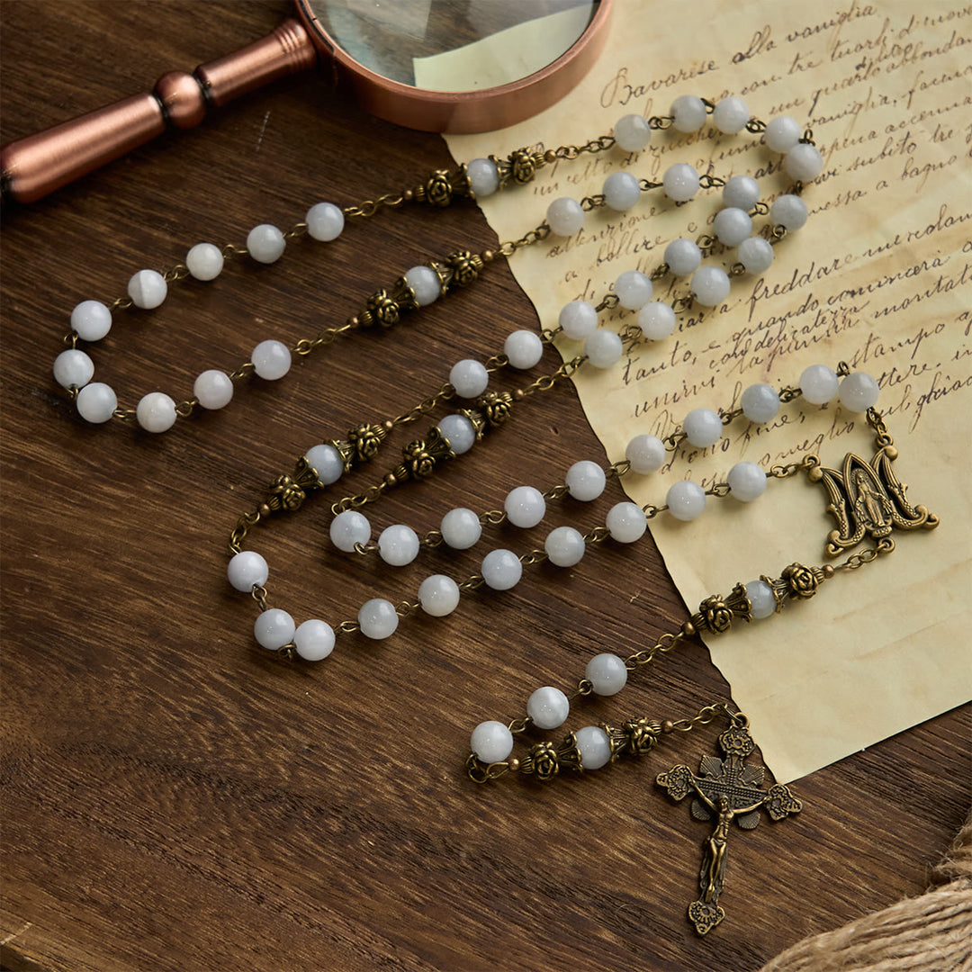 Christianartworkshop FEDE IN PREGHIERA: Rosario fatto a mano con perle di giada azzurra e ottone con carta regalo - image 4