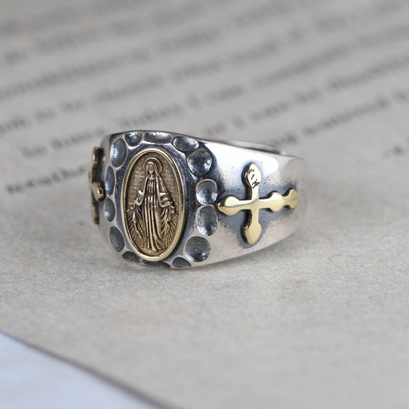 Christianartworkshop Anello religioso con distintivo di benedizione della Vergine Maria in argento sterling 925 in stile retrò - image 1