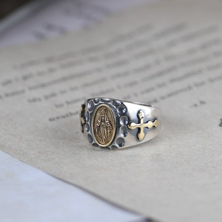 Christianartworkshop Anello religioso con distintivo di benedizione della Vergine Maria in argento sterling 925 in stile retrò - image 3