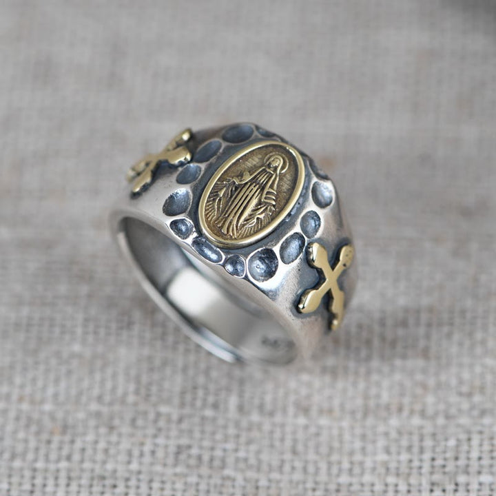 Christianartworkshop Anello religioso con distintivo di benedizione della Vergine Maria in argento sterling 925 in stile retrò - Adatto per taglie USA 10.5-11.5 - image 0