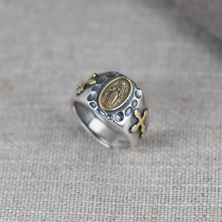 Christianartworkshop Anello religioso con distintivo di benedizione della Vergine Maria in argento sterling 925 in stile retrò - image 2