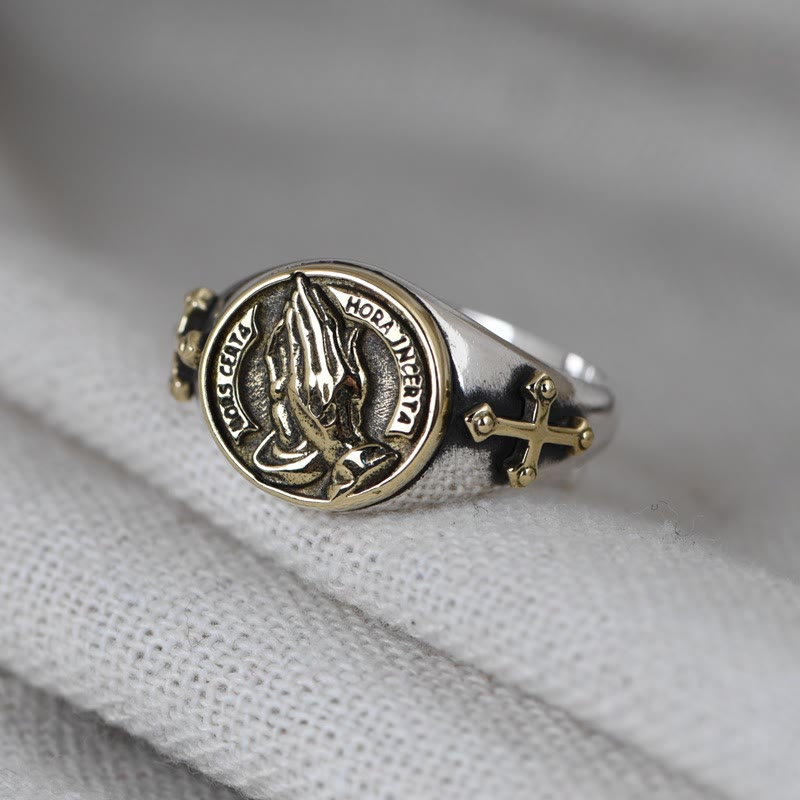 Anello in argento sterling 925 con intricate mani in preghiera in stile vintage Christianartworkshop - D'oro - image 0