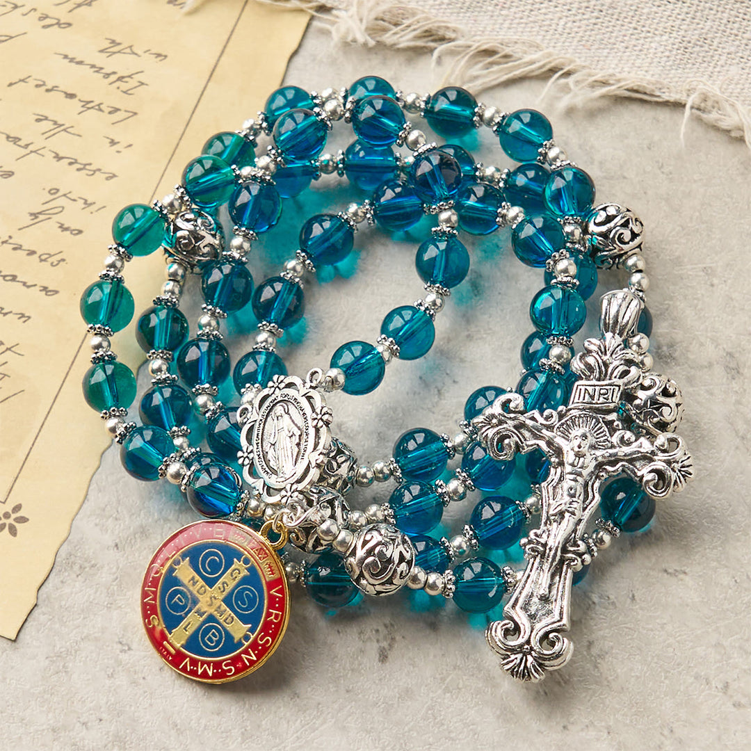Christianartworkshop - Crocifisso artigianale in vetro blu trasparente con rosario, medaglia smaltata di San Benedetto e medaglia miracolosa. - image 4